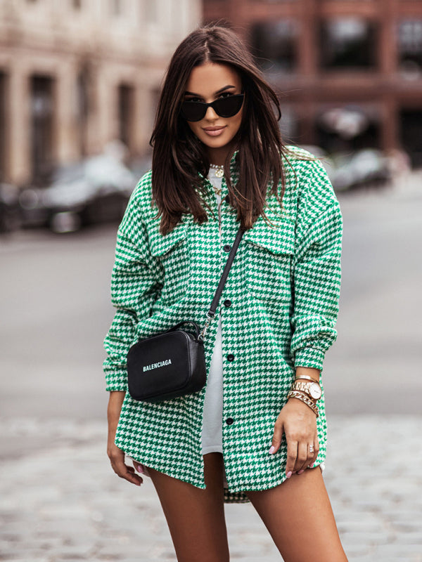 Boho Houndstooth Long Sleeve Shirt Jacket "Shacket"