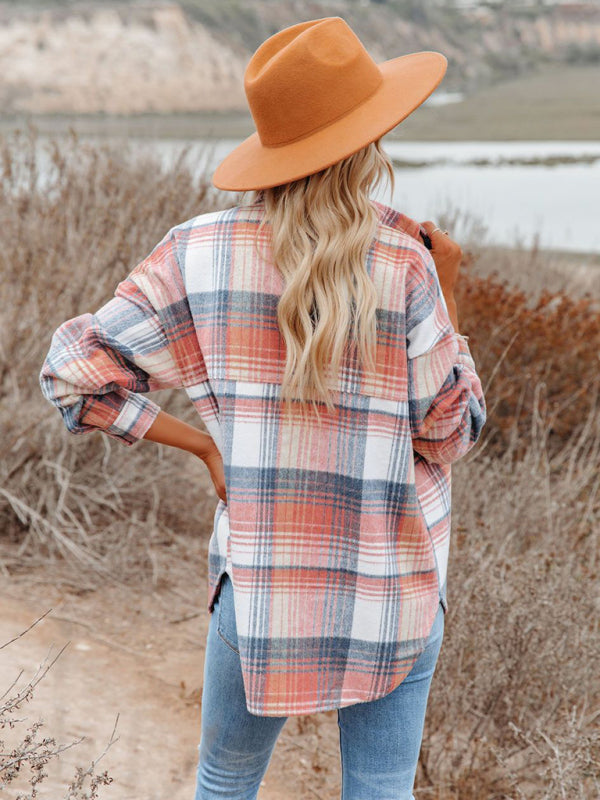 Boho Pink Plaid Mid Length Long Sleeve Shirt with Pockets