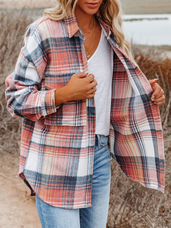 Boho Pink Plaid Mid Length Long Sleeve Shirt with Pockets