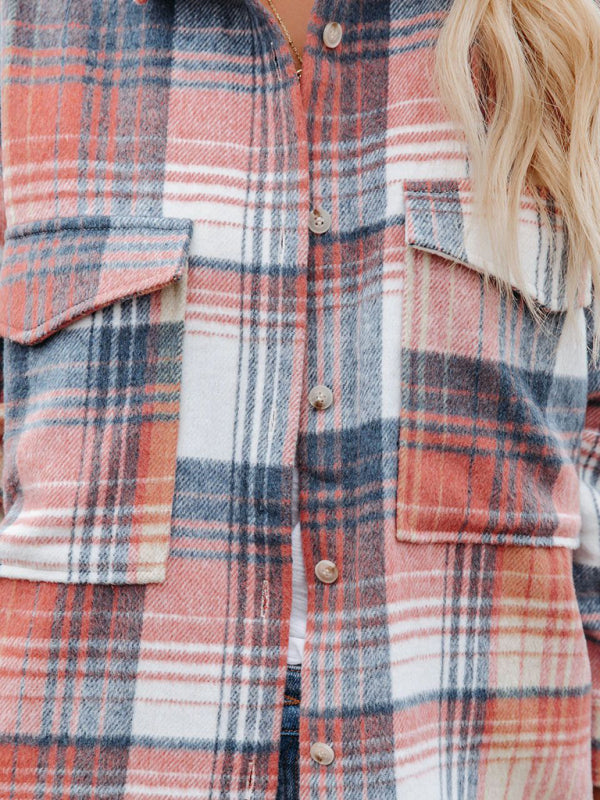Boho Pink Plaid Mid Length Long Sleeve Shirt with Pockets