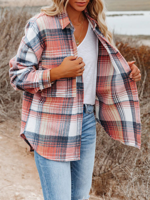 Boho Pink Plaid Mid Length Long Sleeve Shirt with Pockets