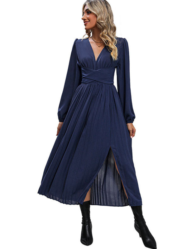 Bohemian Empire Waist Navy Slit Long Sleeve Dress