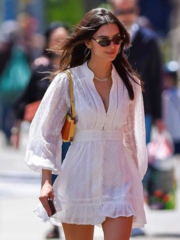 Bohemian V Neck Long Sleeves Sweet Lace Ruffle Skirt Dress