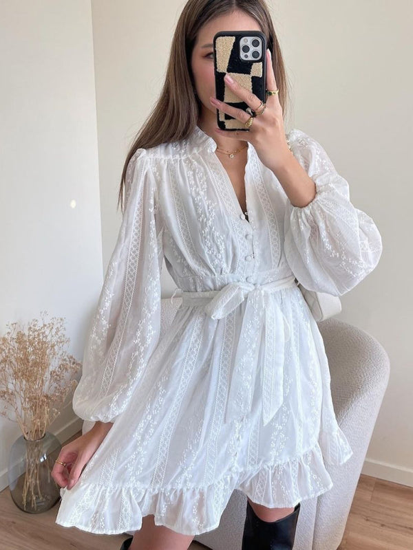 Bohemian V Neck Long Sleeves Sweet Lace Ruffle Skirt Dress