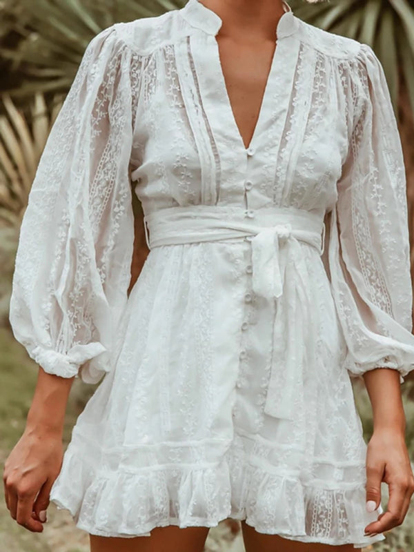 Bohemian V Neck Long Sleeves Sweet Lace Ruffle Skirt Dress