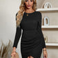 Boho Waffle Knit Round Neck Long Sleeve Tulip Hem Mini Dress