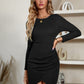 Boho Waffle Knit Round Neck Long Sleeve Tulip Hem Mini Dress