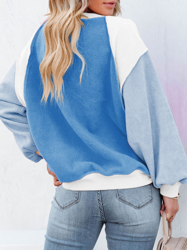 Boho Color Block Fleece Plush Lantern Sleeve Sweatshirt