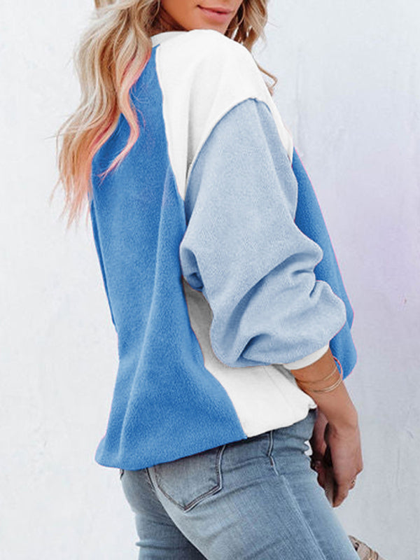 Boho Color Block Fleece Plush Lantern Sleeve Sweatshirt