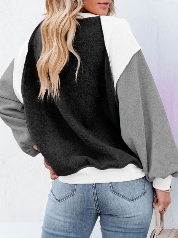 Boho Color Block Fleece Plush Lantern Sleeve Sweatshirt
