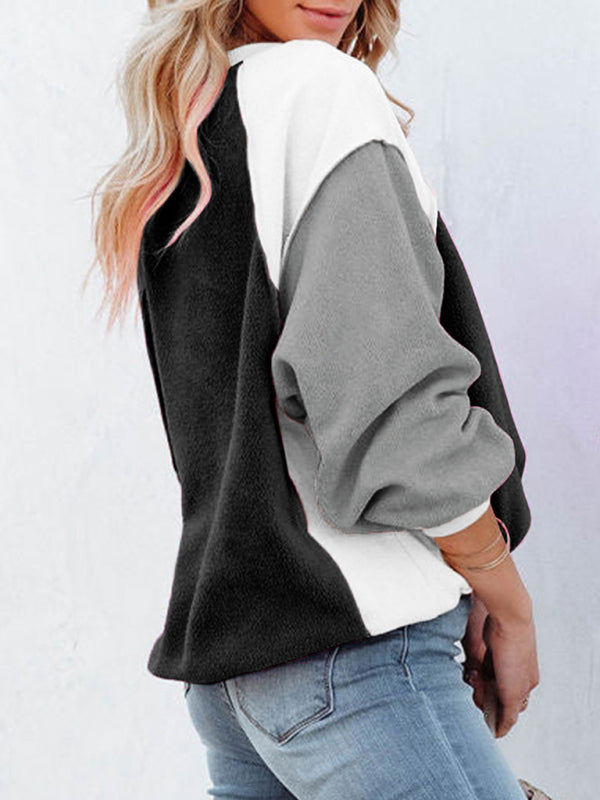 Boho Color Block Fleece Plush Lantern Sleeve Sweatshirt
