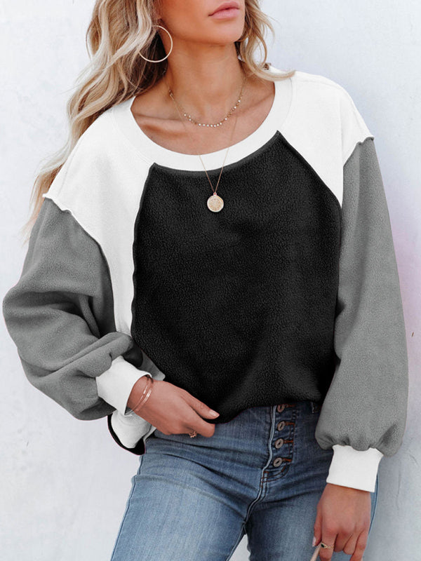 Boho Color Block Fleece Plush Lantern Sleeve Sweatshirt