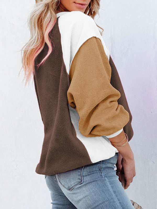 Boho Color Block Fleece Plush Lantern Sleeve Sweatshirt