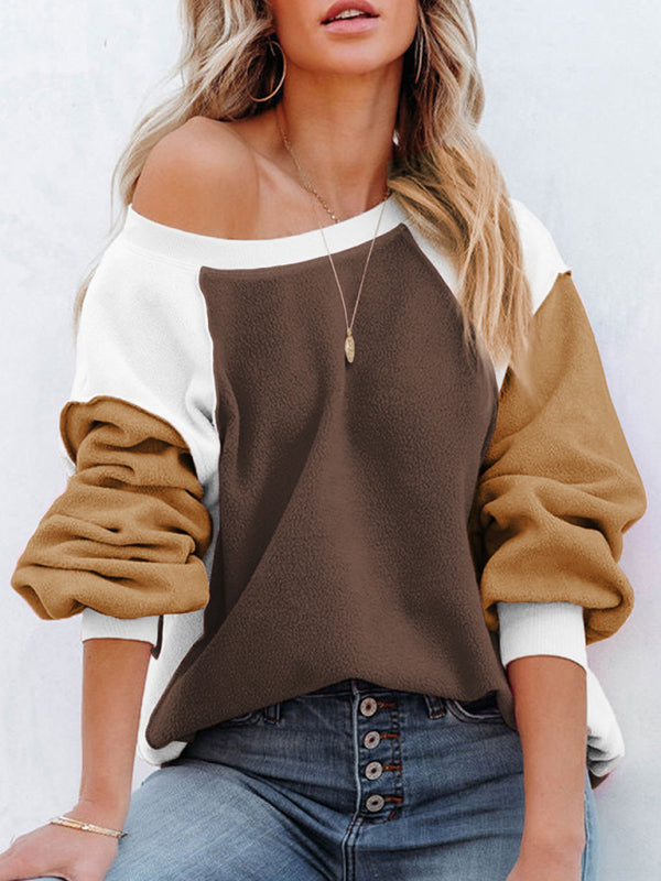 Boho Color Block Fleece Plush Lantern Sleeve Sweatshirt