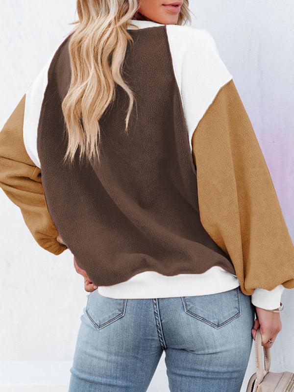 Boho Color Block Fleece Plush Lantern Sleeve Sweatshirt