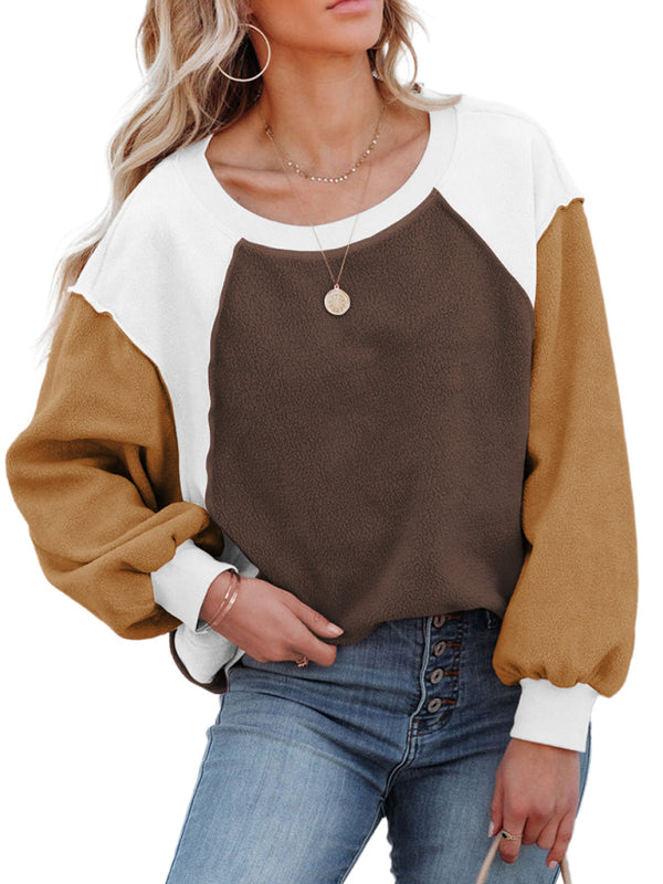 Boho Color Block Fleece Plush Lantern Sleeve Sweatshirt