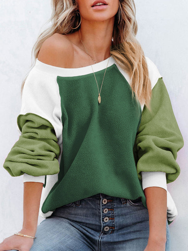 Boho Color Block Fleece Plush Lantern Sleeve Sweatshirt