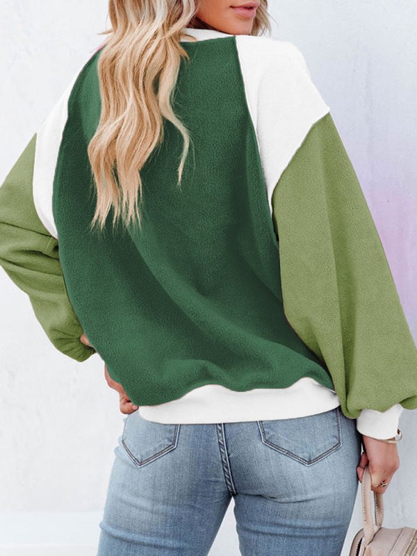 Boho Color Block Fleece Plush Lantern Sleeve Sweatshirt
