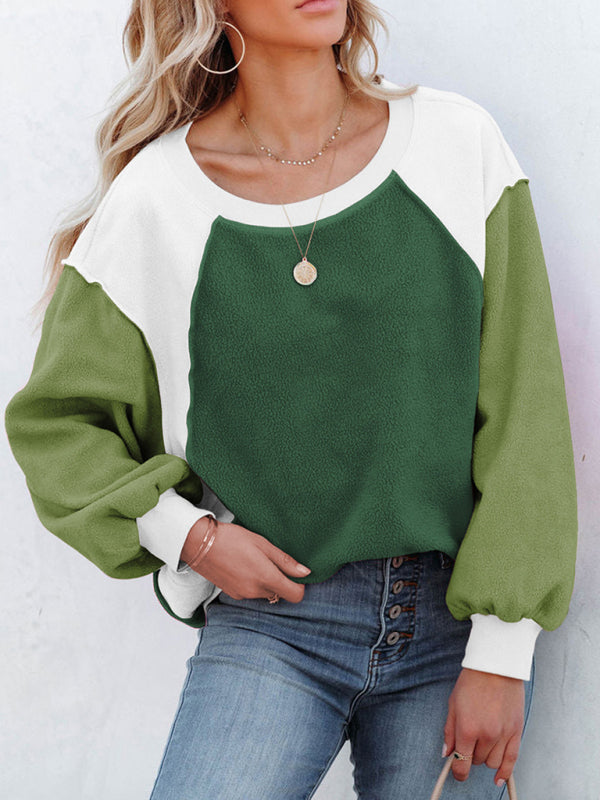 Boho Color Block Fleece Plush Lantern Sleeve Sweatshirt
