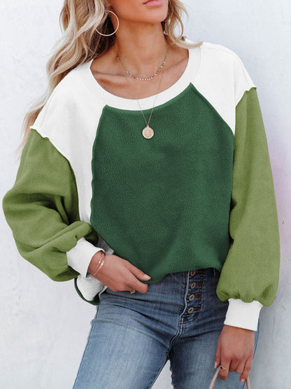 Boho Color Block Fleece Plush Lantern Sleeve Sweatshirt