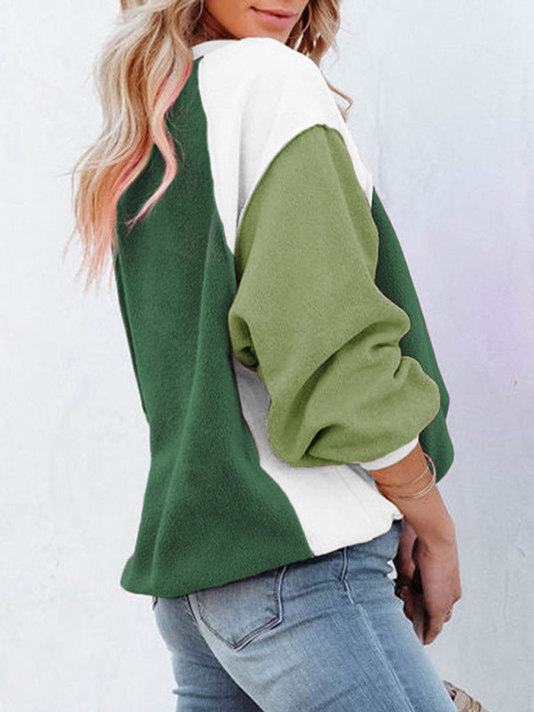 Boho Color Block Fleece Plush Lantern Sleeve Sweatshirt