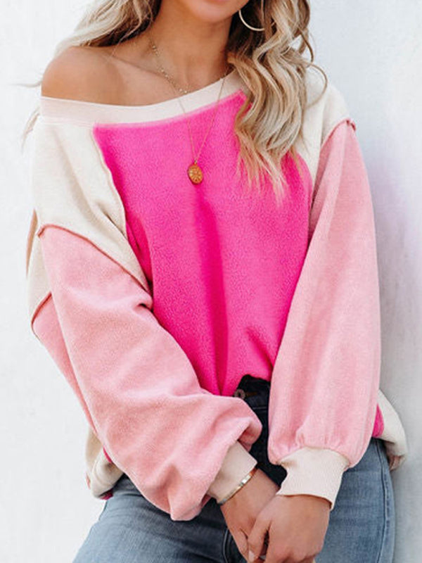 Boho Color Block Fleece Plush Lantern Sleeve Sweatshirt