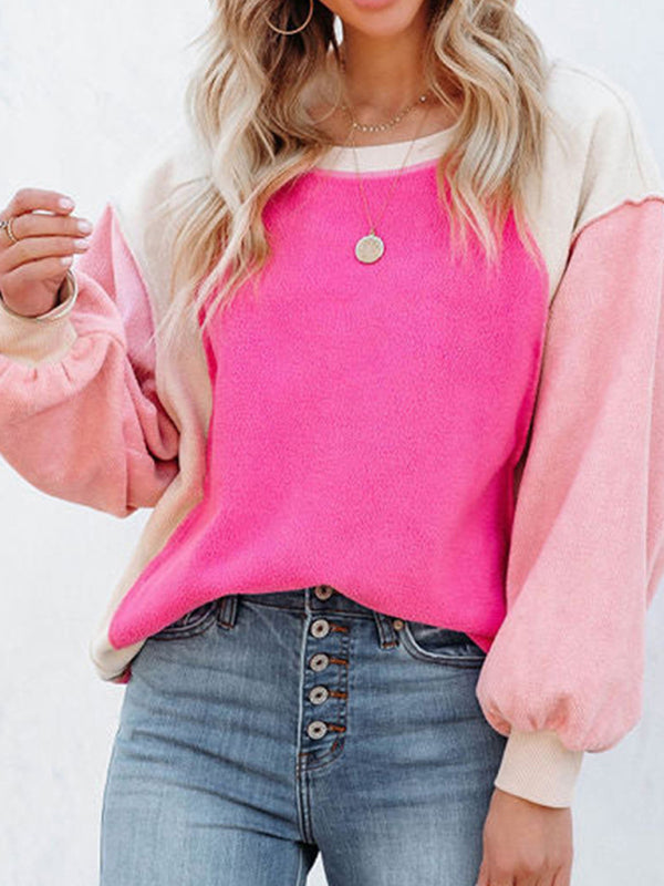 Boho Color Block Fleece Plush Lantern Sleeve Sweatshirt