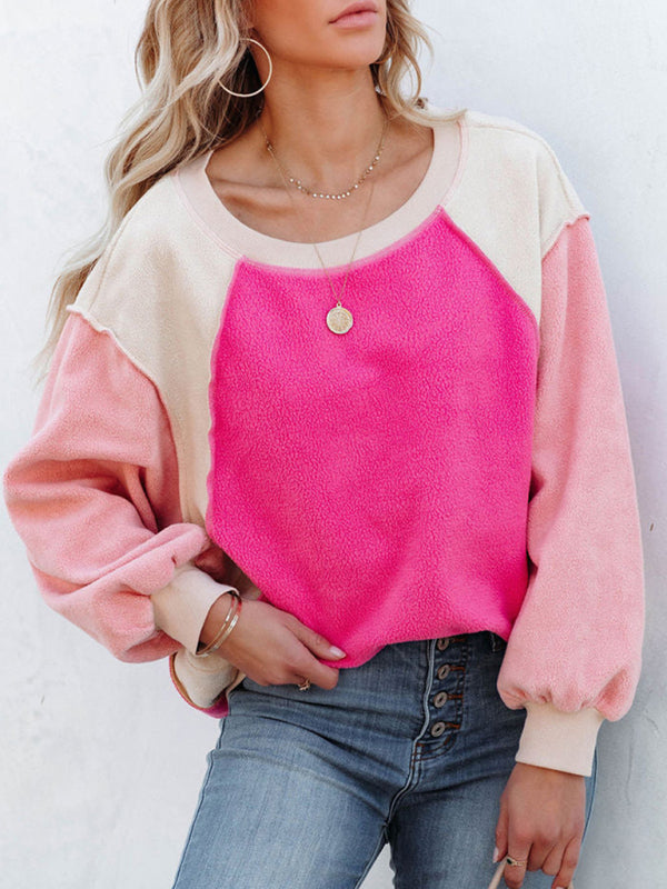 Boho Color Block Fleece Plush Lantern Sleeve Sweatshirt
