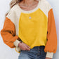 Boho Color Block Fleece Plush Lantern Sleeve Sweatshirt
