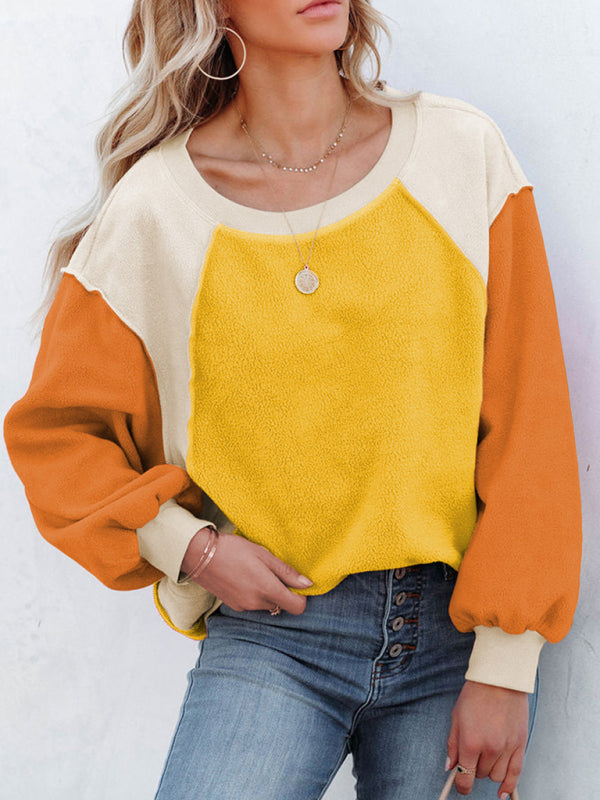 Boho Color Block Fleece Plush Lantern Sleeve Sweatshirt