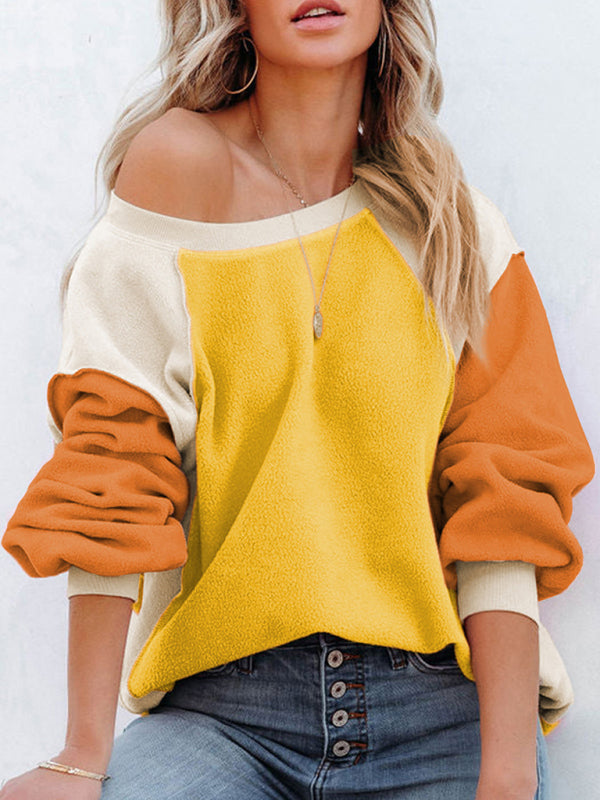 Boho Color Block Fleece Plush Lantern Sleeve Sweatshirt