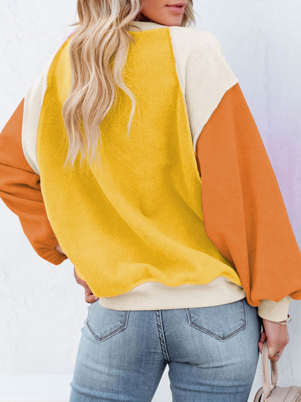 Boho Color Block Fleece Plush Lantern Sleeve Sweatshirt