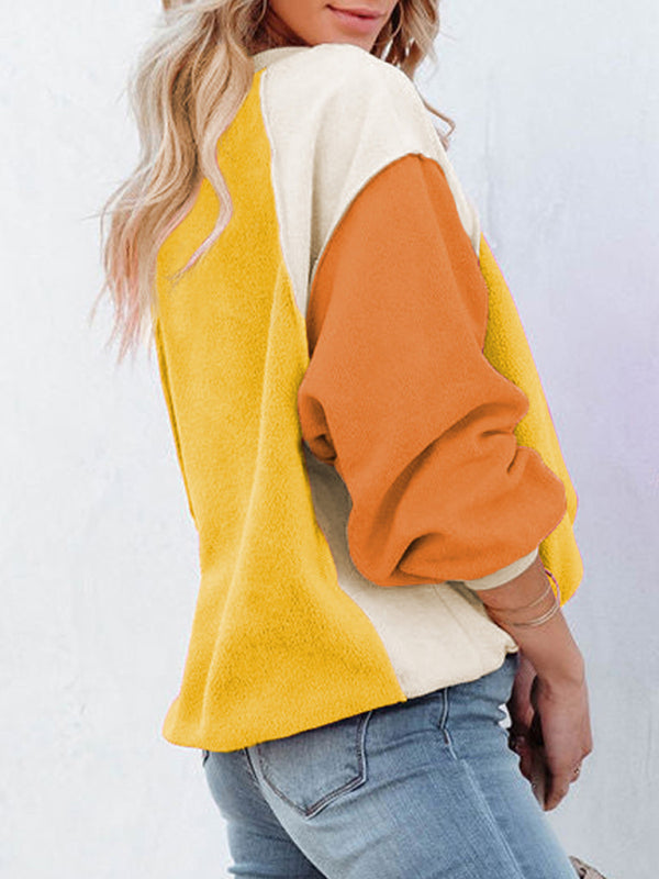 Boho Color Block Fleece Plush Lantern Sleeve Sweatshirt