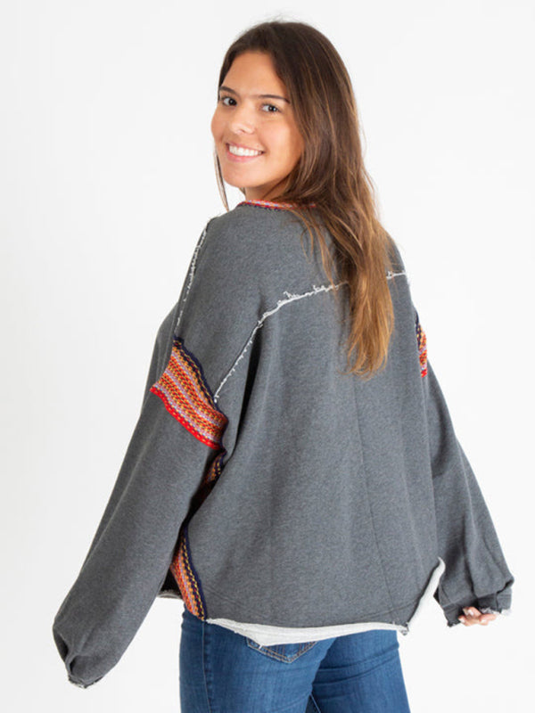 Boho Loose Round Neck Crochet Panel Raw Edge Sweatshirt