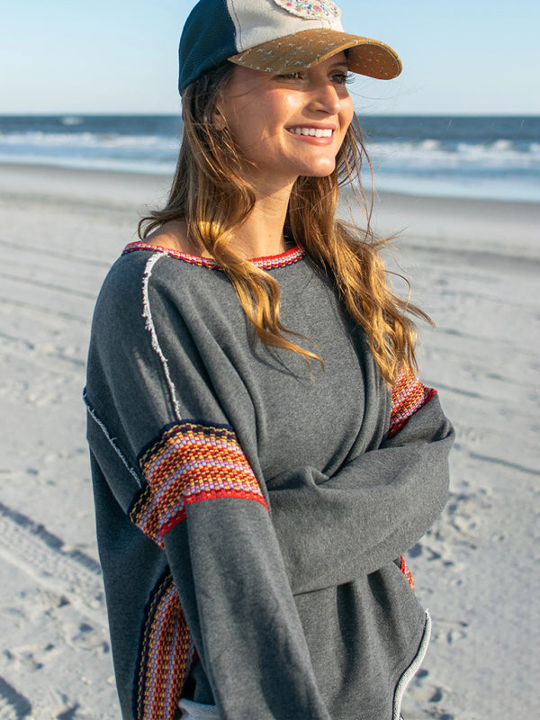 Boho Loose Round Neck Crochet Panel Raw Edge Sweatshirt