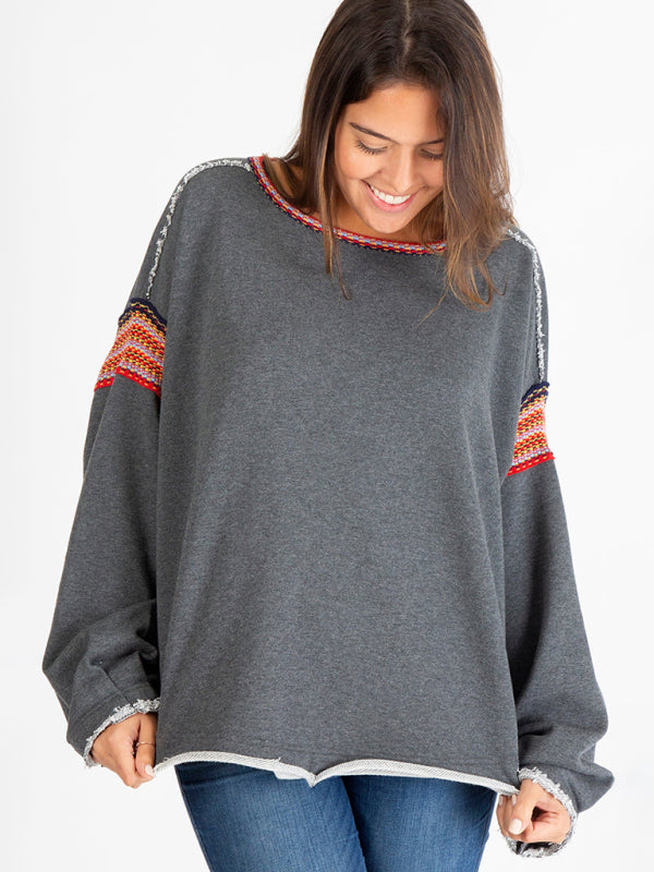 Boho Loose Round Neck Crochet Panel Raw Edge Sweatshirt