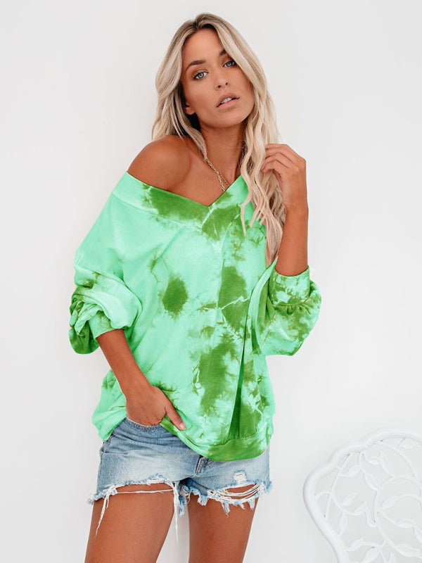 Bohemian V Neck Tie-Dye Print Long Sleeve Top
