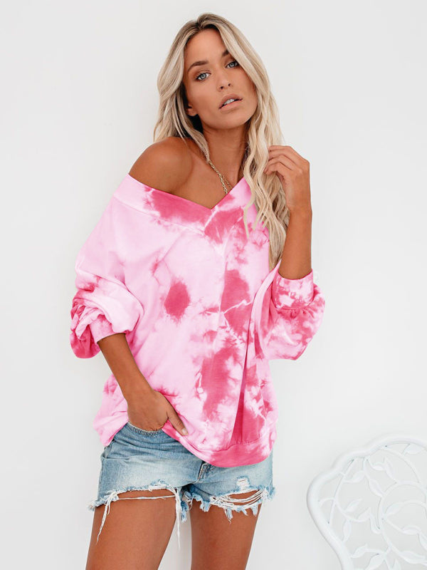 Bohemian V Neck Tie-Dye Print Long Sleeve Top