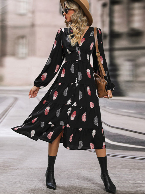 Bohemian Feather Long Sleeve Midi Dress