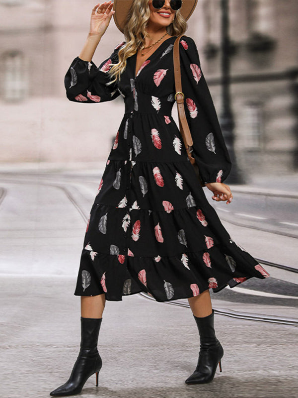 Bohemian Feather Long Sleeve Midi Dress