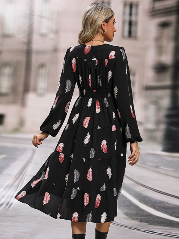 Bohemian Feather Long Sleeve Midi Dress