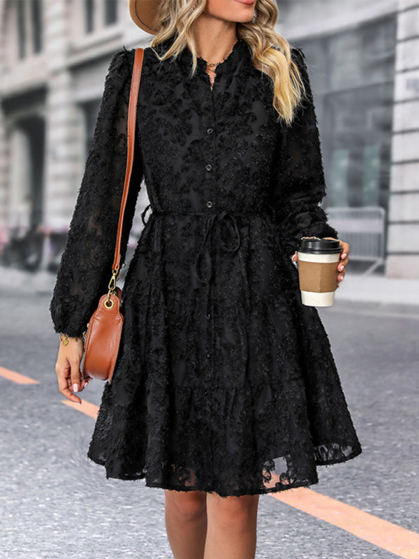 Boho Little Black Dress Three Dimensional Floral Long Sleeve Round Neck DressBoho Little Black Dress Three Dimensional Floral Long Sleeve Round Neck Dress