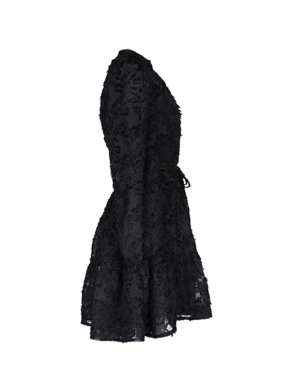 Boho Little Black Dress Three Dimensional Floral Long Sleeve Round Neck Dress