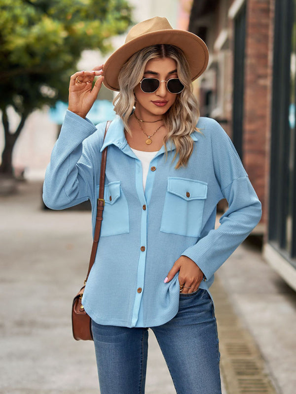 Bohemian Casual Waffle Knit Long Sleeve Pocket Shirt