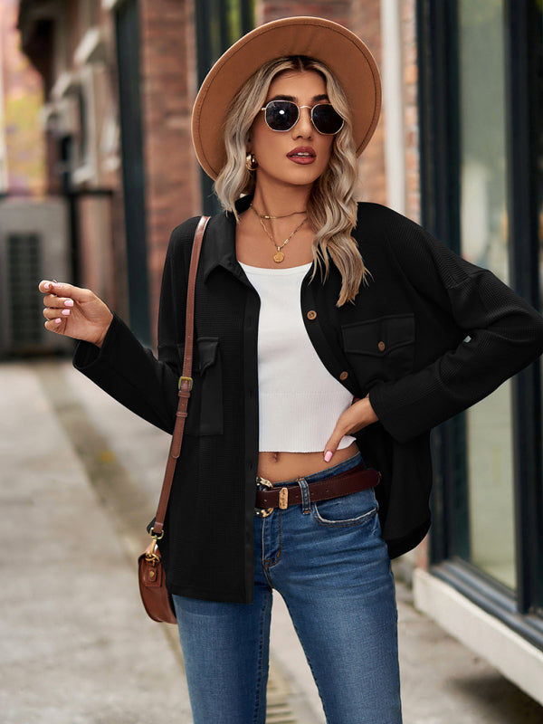 Bohemian Casual Waffle Knit Long Sleeve Pocket Shirt