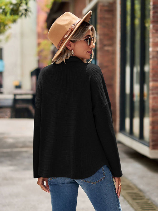 Bohemian Casual Waffle Knit Long Sleeve Pocket Shirt