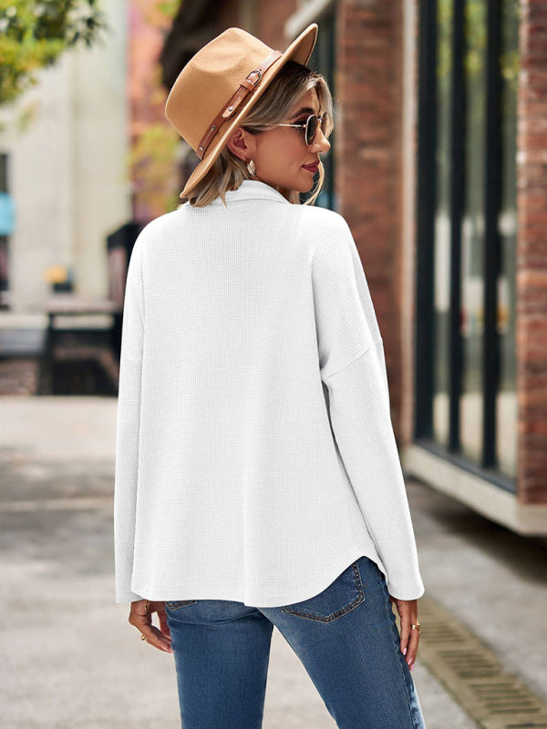 Bohemian Casual Waffle Knit Long Sleeve Pocket Shirt