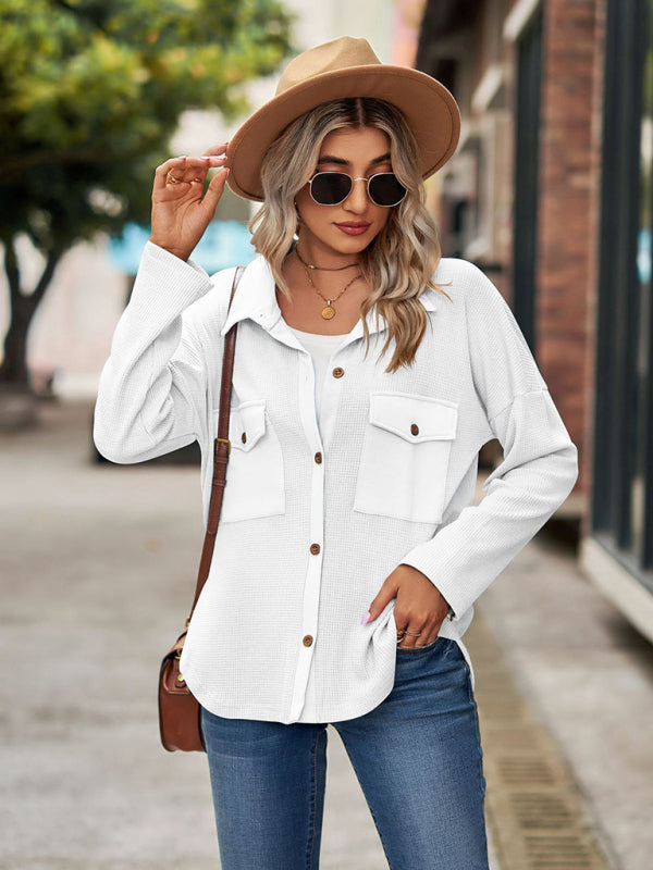 Bohemian Casual Waffle Knit Long Sleeve Pocket Shirt