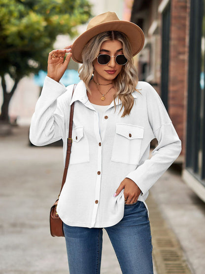 Bohemian Casual Waffle Knit Long Sleeve Pocket Shirt