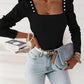 Bohemian Women's Solid Color Puff Sleeve Pearl Top